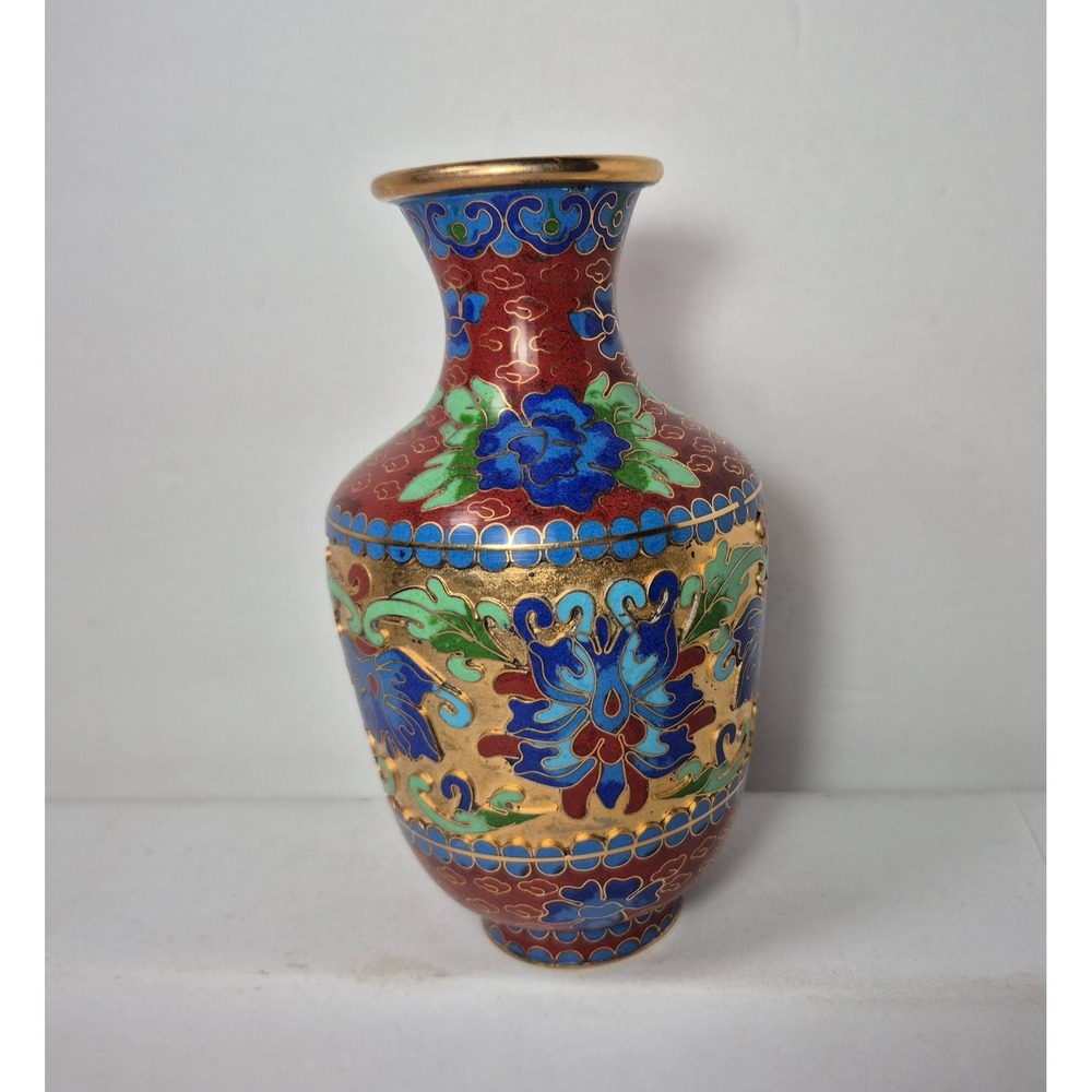 Vintage Chinese Jingfa Cloisonné Bud Vase Blue Aqua Rust Green Deep Cut 5.5"